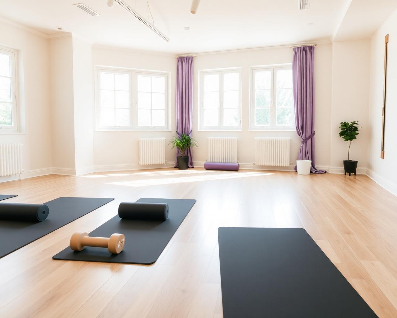 Bright, calming wellness studio with mats and light dumbbells